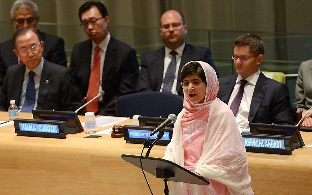 Malala tijdens haar toespraak tot de VN. Beeld EPA