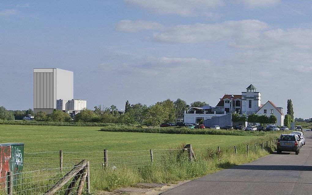 Impressie van een nieuw overslaggebouw dat tegenover Rhenen aan de Nederrijn moet komen. In het beeld is rekening gehouden met de eerst geplande bouwhoogte van 60 meter. Beeld Comité Middelwaard West