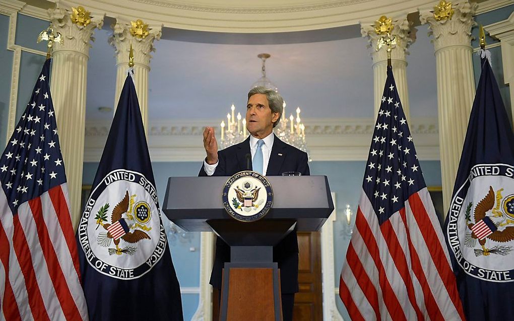 Kerry tijdens zijn statement over Syrië. Foto EPA