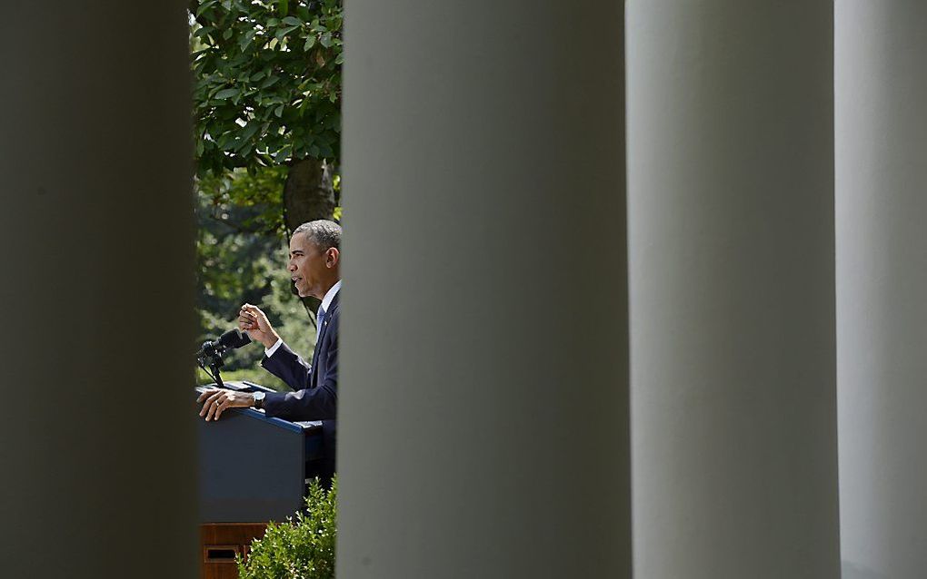 De Amerikaanse president Barack Obama maakt in de tuin van het Witte Huis bekend dat hij het Congres om toestemming gaat vragen om Syrie te mogen aanvallen. Foto EPA