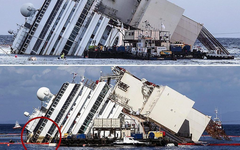 De Costa Concordia voor (boven) en na het begin van de berging. Foto EPA