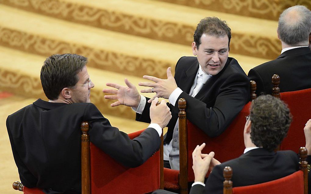 Premier Mark Rutte (L), vicepremier Lodewijk Asscher (M) en minister van Financien Jeroen Dijsselbloem in de Ridderzaal voor de troonrede. Foto ANP