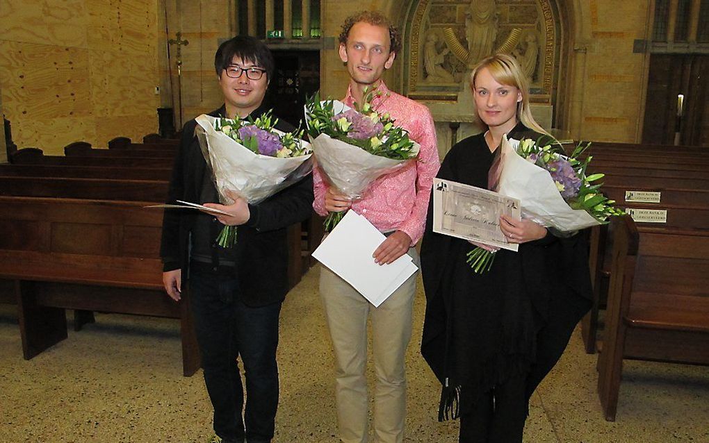 De finalisten (v.l.n.r.): Ae Shell Nam, Bert van Stam en Liene Andreta Kalnciema. Foto Pieter Baak, Den Haag