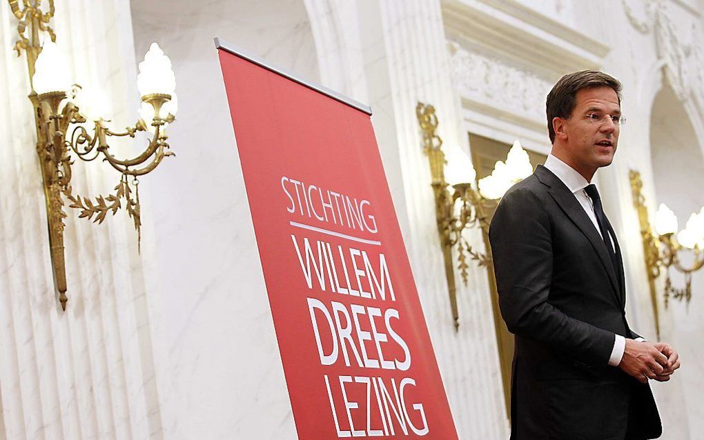 Premier Mark Rutte maandag tijdens de jaarlijkse Willem Drees-lezing in Den Haag. Foto ANP