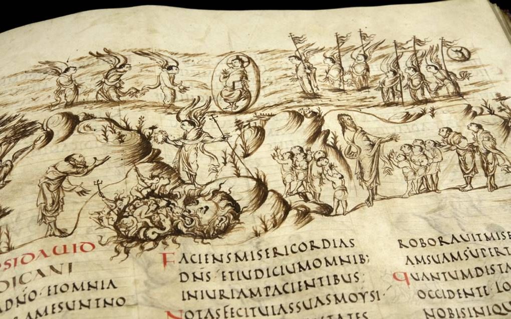 Het Utrechts Psalter is opnieuw gedigitaliseerd. Foto: een afbeelding van Psalm 102, in latere Bijbeluitgaven Psalm 103. beeld Universiteitsbibliotheek Utrecht