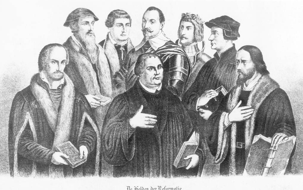 De „helden” van de Reformatie: Philippus Melanchton, Johannes Calvijn, Johannes Bugenhagen, Maarten Luther, Gustaaf Adolf, Ulrich von Hutten, Huldrych Zwingli en Johannes Hus. Beeld RD