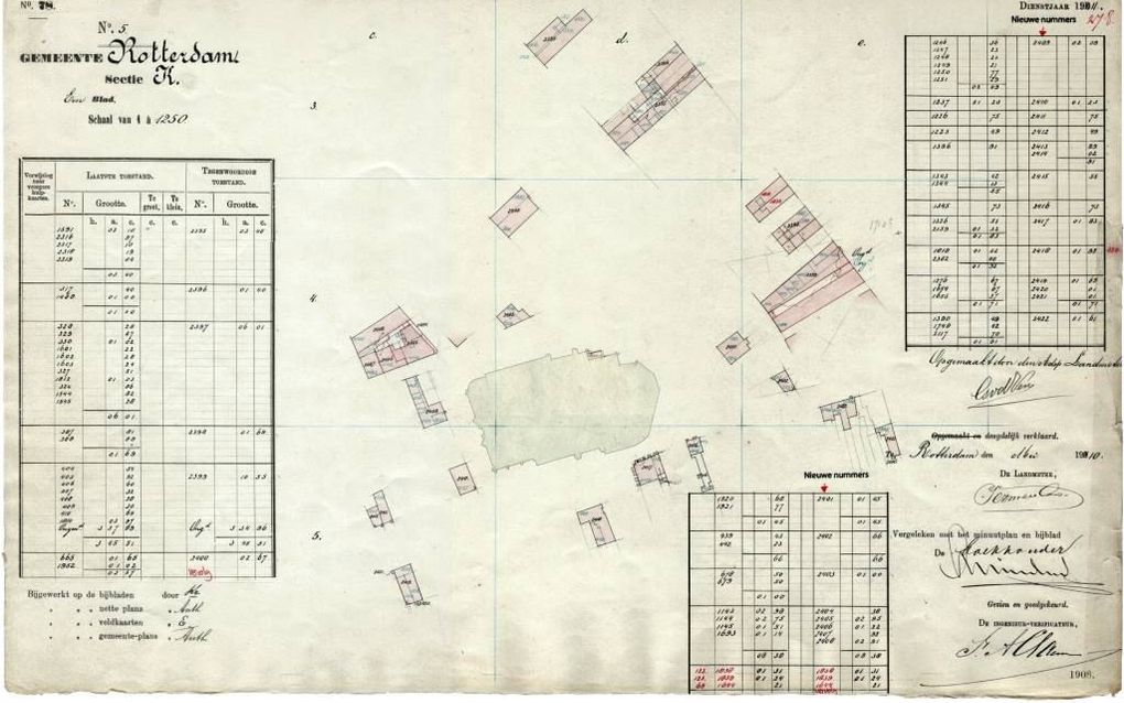 Een hulpkaart van de Rotterdamse Laurenskerk en omgeving met veranderingen die kort voor 1911 plaatshadden. beeld René van der Schans