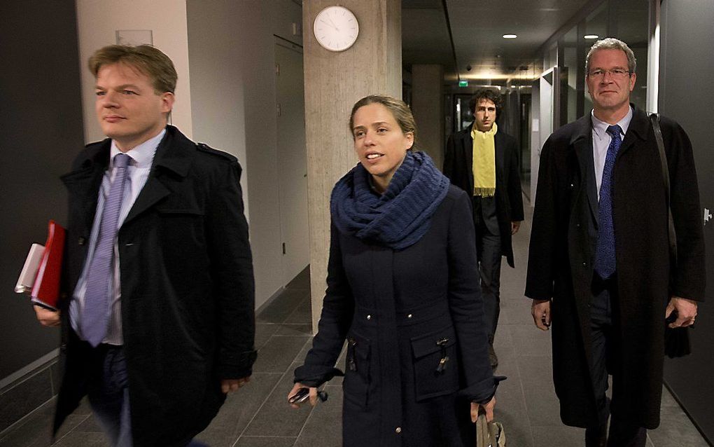 Pieter Omtzigt (CDA), Carola Schouten (CU), Jesse Klaver (GL) en Elbert Dijkgraaf (SGP) (vlnr) verlaten het ministerie van Financien na overleg over de pensioenen. Foto ANP