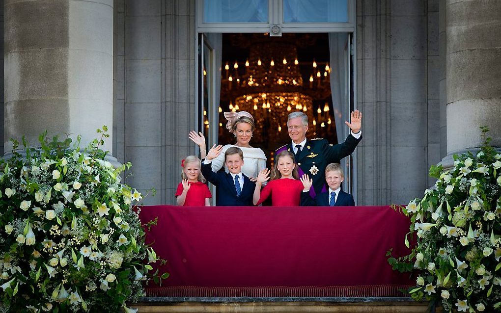 Koningin Mathilde, koning Filip en hun vier kinderen (v.l.n.r.) prinses Eleonore, prins Gabriel, kroonprinses Elisabeth en prins Emmanuel. Foto ANP