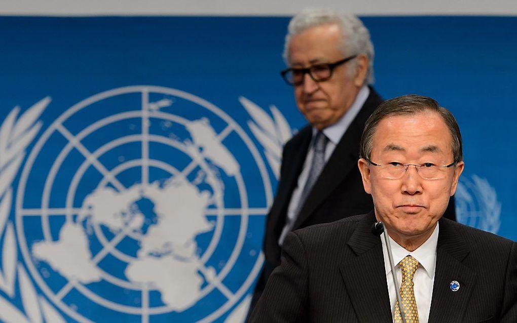 Ban Ki-moon tijdens zijn slotwoord in Montreux. Foto AFP