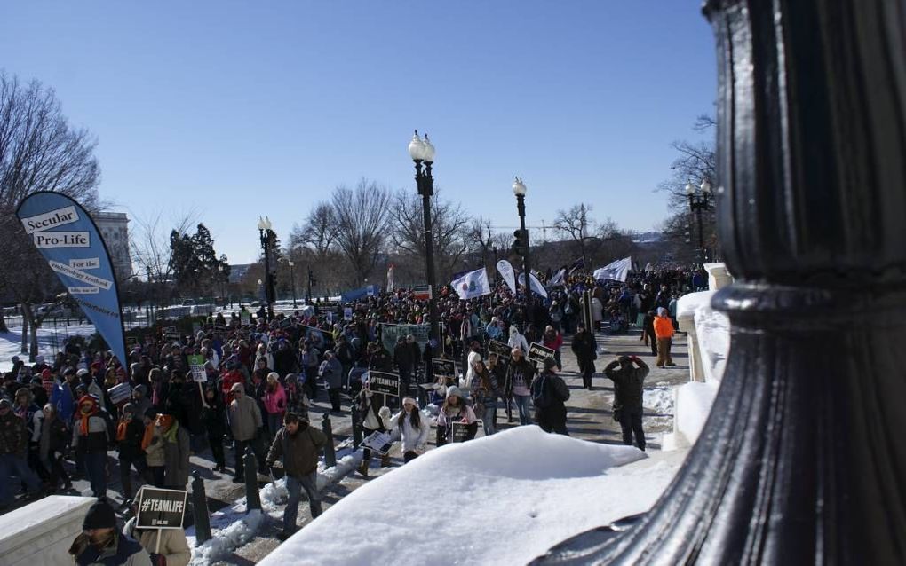 In Washington liepen antiabortusbetogers uit de hele wereld woensdag mee in een massale mars voor het leven. Beeld Kees van Helden