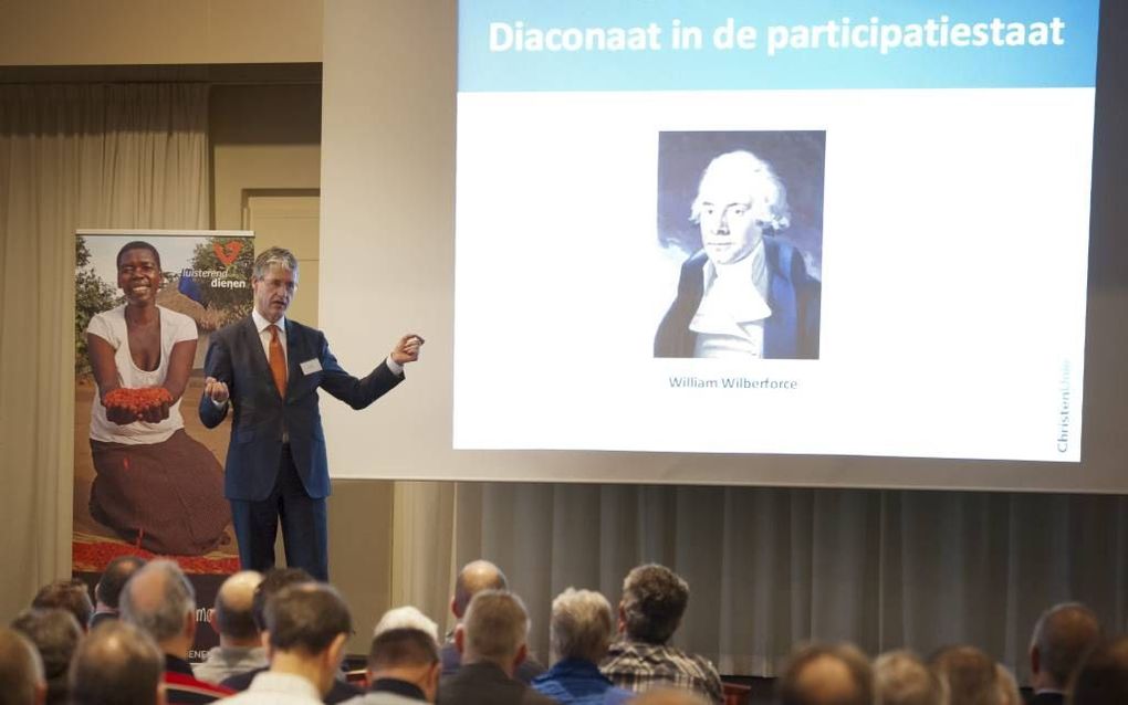 Slob (CU) spreekt tijdens diaconale ontmoetingsdag Luisterend Dienen. beeld Ruben Schipper