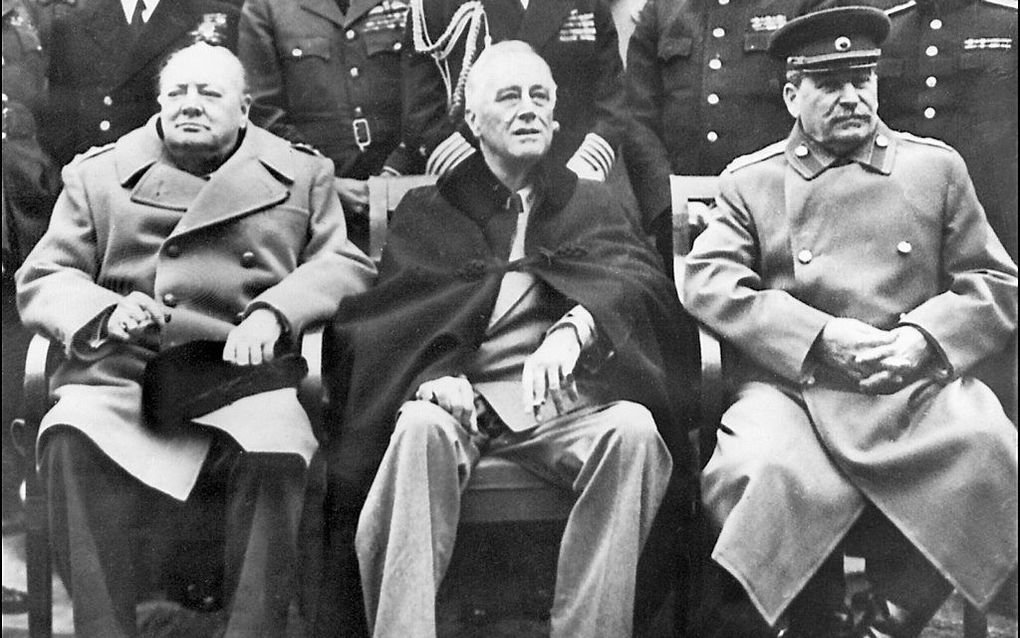 Churchill, Roosevelt en Stalin in februari 1945 in Jalta op de Krim. beeld AFP