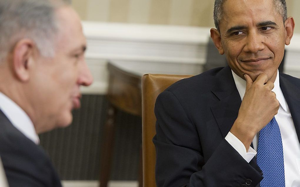 Netanyahu (l.) en Obama maandag in het Witte Huis. Foto AFP