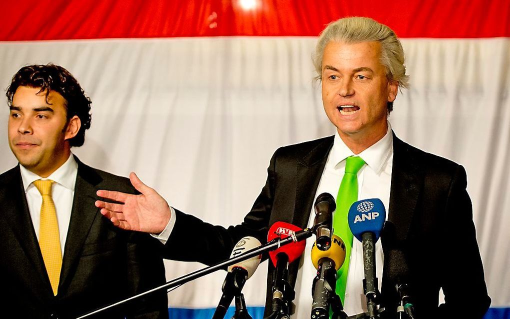 Geert Wilders tijdens de uitslagenavond in Den Haag. Foto ANP