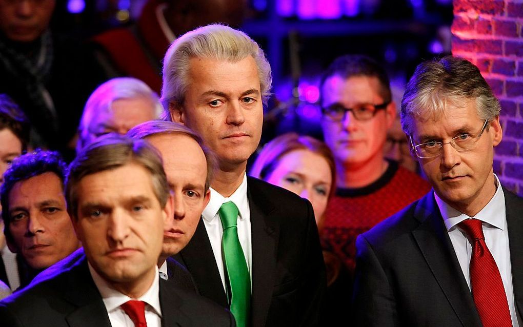 Fractievoorzitters Sybrand van Haersma Buma (CDA), Kees van der Staaij (SGP), Geert Wilders (PVV) en Arie Slob (ChristenUnie). Foto ANP