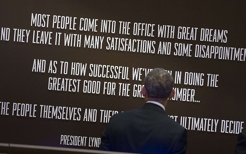 Obama in de Lyndon B. Johnson Presidential Library in Austin, Texas. Foto AFP