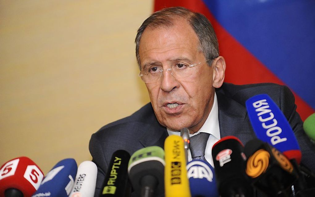 De Russische minister van Buitenlandse Zaken Lavrov tijdens een persconferentie in Genève. Foto AFP