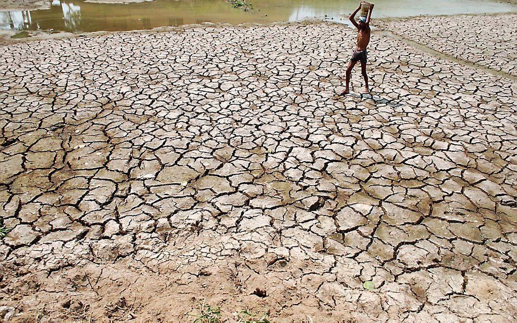 Een Indiase draagt water naar huis in een van de buitenwijken van Bhubaneswar. Veel Indiase steden kampen met waterschaarste als de temparaturen boven de 40 graden Celsius komen. beeld AFP