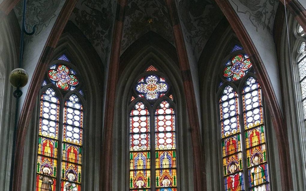 Raam in de Sint-Janskathedraal in Den Bosch met daarop de evangelist Johannes en Maria met heiligen. Foto uit ”Van heiligen tot amoeben".