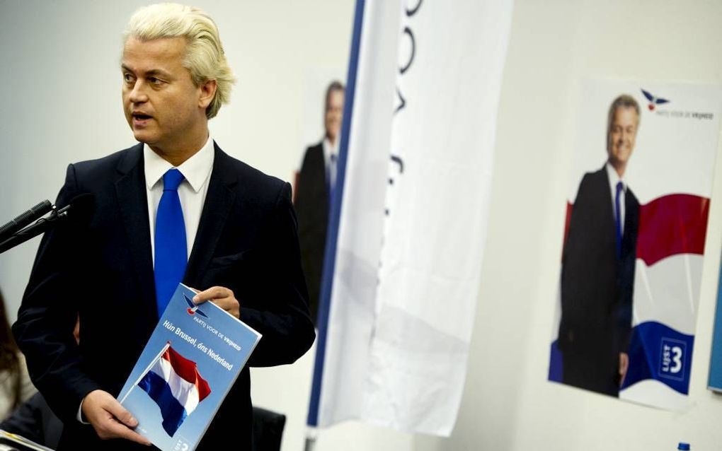 Wilders bij de presentatie van het PVV-verkiezingsprogramma voor de Europese verkiezingen. beeld ANP