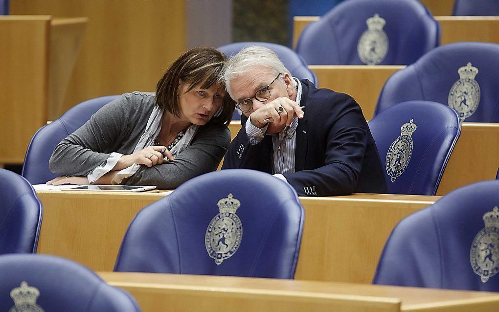 50Plus-fractievoorzitter Norbert Klein en 50Plus-Kamerlid Martine Baay Timmerman in november 2013 tijdens het wekelijkse vragenuurtje in de Tweede Kamer. beeld ANP