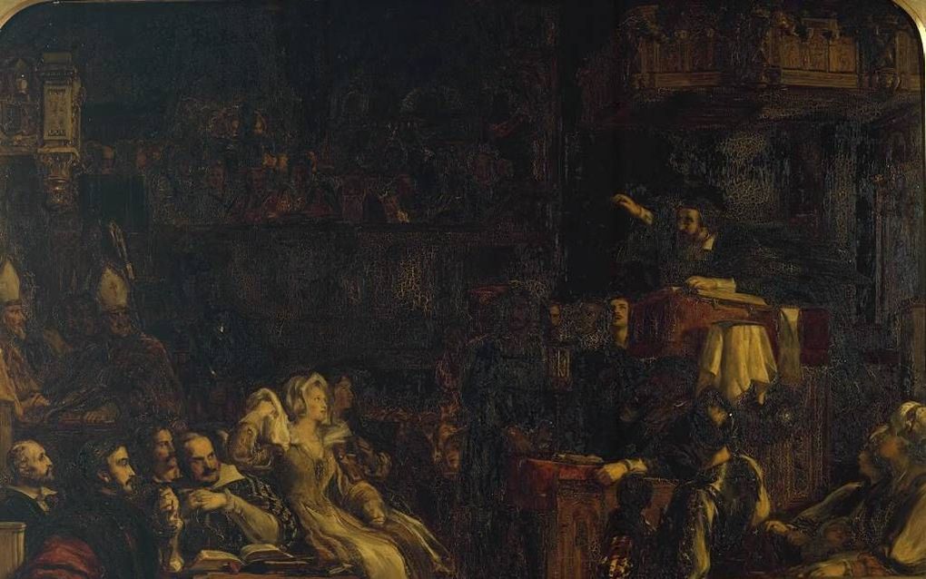 John Knox op de kansel – een schilderij van Sir David Wilkie 1785-1841. In veel preken noemt Knox de Rooms-Katholieke Kerk een synagoge des satans en de paus de antichrist. Beeld Photo (c) Tate