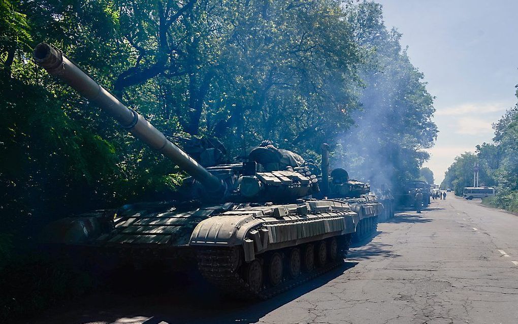 Tanks van pro-Russische militanten bij Gorlovka in de omgeving van Donetsk. beeld EPA