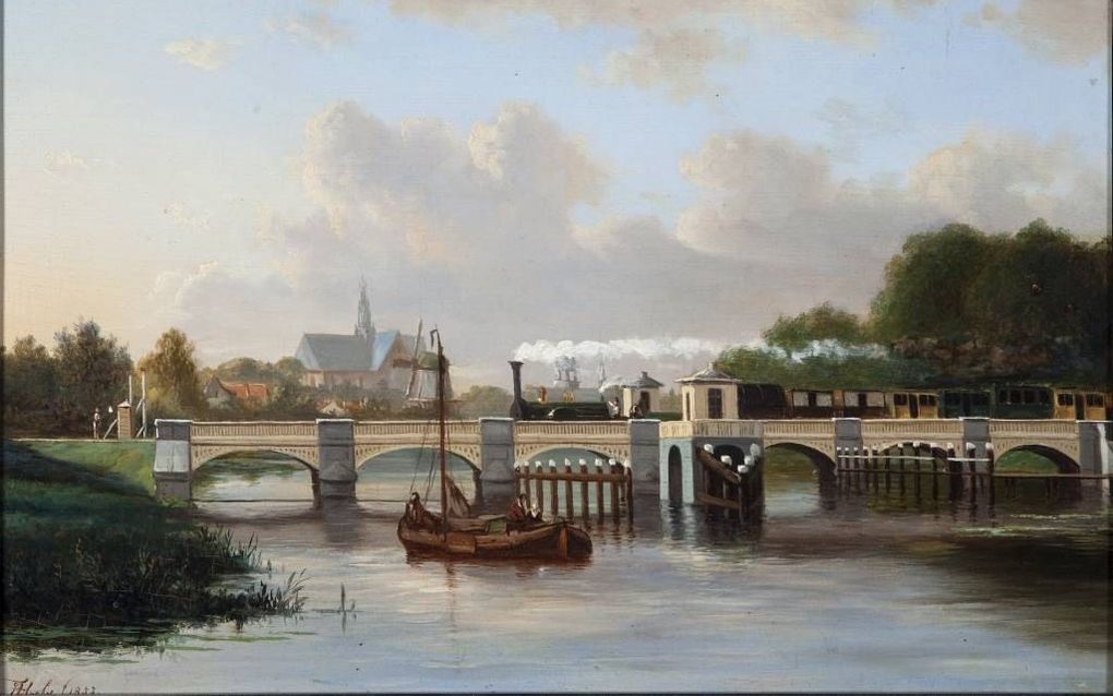 Een locomotief op de Spaarnebrug bij Haarlem in 1852 door Jacobus Theodorus Abels.  beeld Spoorwegmuseum