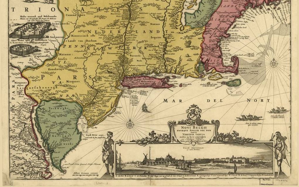 Plattegrond van New England (rechts) en Nieuw Nederland, gemaakt in 1685. beeld Wikimedia