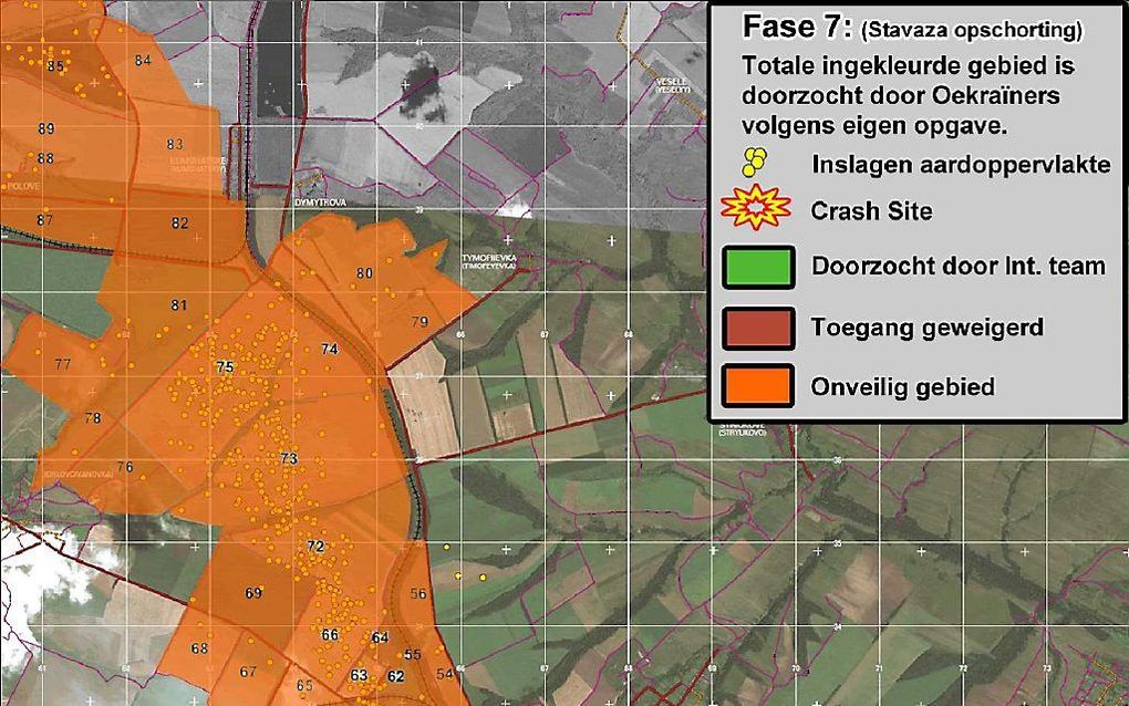 Een kaart met overzicht van de doorzochte gebieden rondom de rampgebied van MH17 in Oekraine. In de zes dagen dat experts gezocht hebben op de rampplek van MH17, is 3,5 vierkante kilometer uitgekamd. Eerder had de lokale bevolking al een gebied van 60 vie