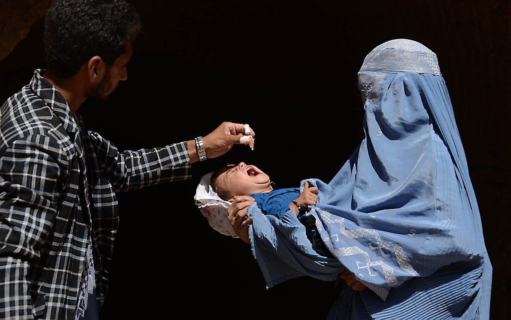 Een Afghaans kind krijgt het polio vaccin toegediend tijdens een vaccinatiecampagne in Herat. beeld AFP