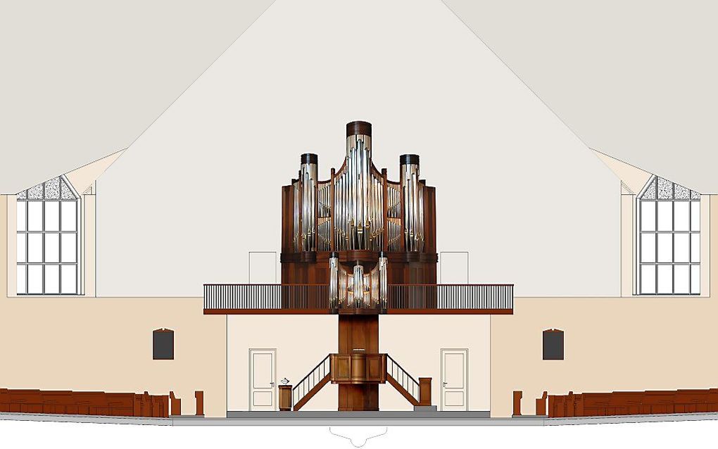 Ontwerp van het orgel en het liturgsich centrum in de nieuwe situatie. Beeld Peter van de Heuvel