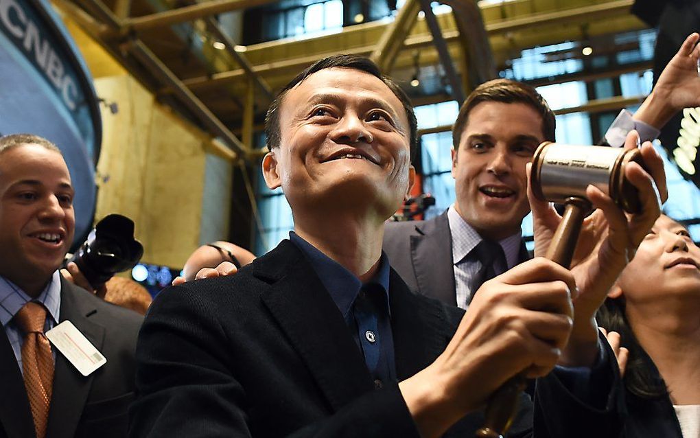 Jack Ma, oprichter van Alibaba, vrijdag tijdens de beursgang. Beeld AFP