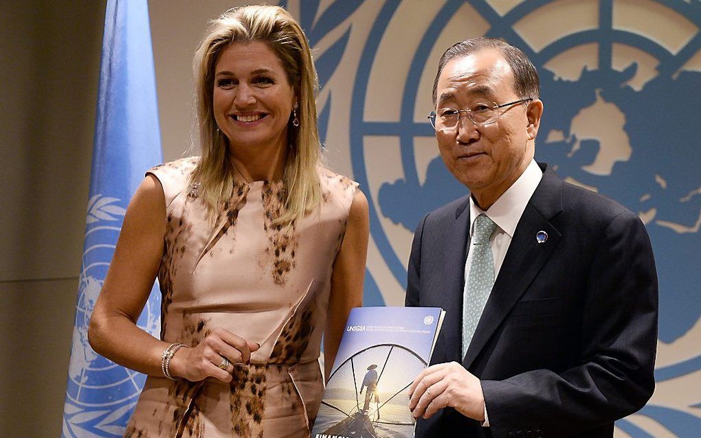 Koningin Máxima en VN-topman Ban Ki-moon. Beeld EPA