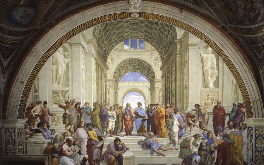 ”De school van Athene” (Italiaans: Scuola di Atene), fresco van de Italiaanse renaissanceschilder Rafaël in de Stanza della Segnatura in Vaticaanstad. Foto Musei Vaticani