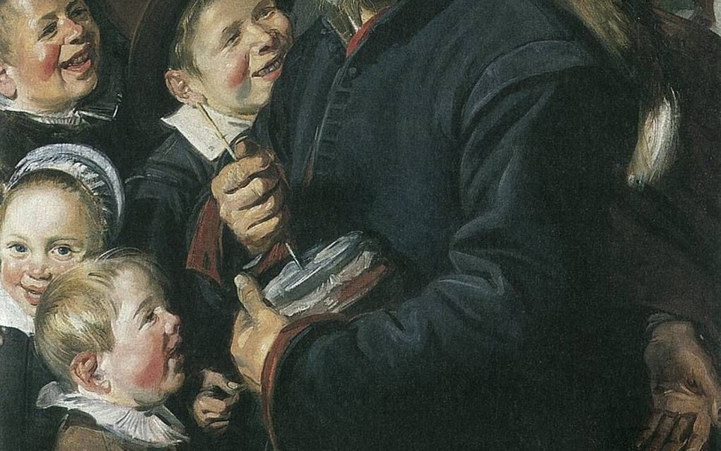 ”De rommelpotspeler” (ca. 1618/22). Vijf lachende kinderen rond een man die de dwaas uithangt: de vossenstaart aan de hoed verwijst daarnaar. De rommelpot is een aardewerken pot, gevuld met water, afgedekt met een varkensblaasje dat is doorstoken met een 