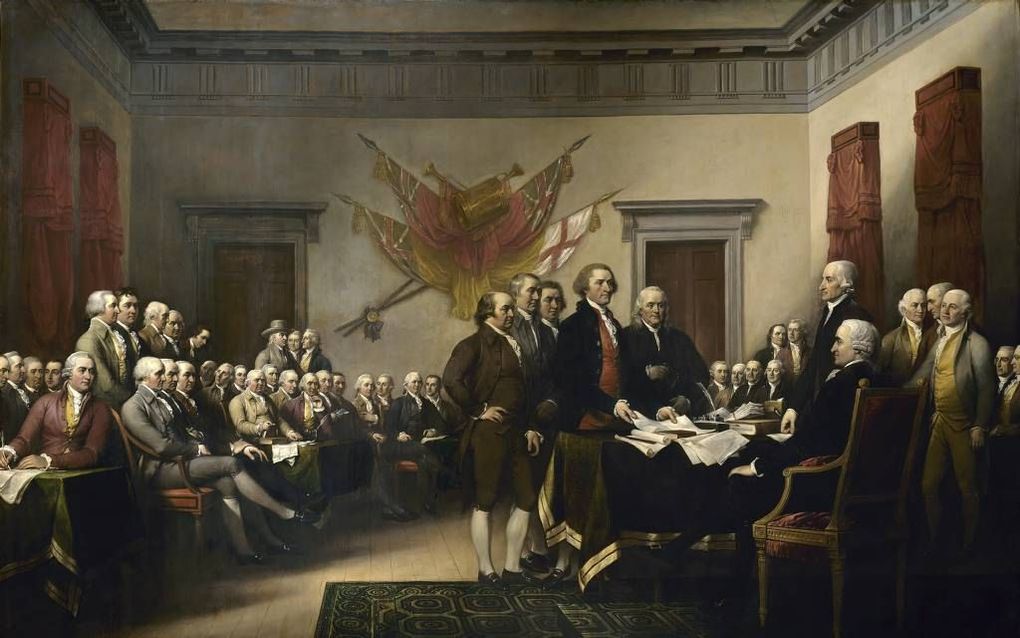 De presentatie van de Onafhankelijkheidsverklaring in het Amerikaanse Congres, 1776, zoals geschilderd door John Trumbulls.