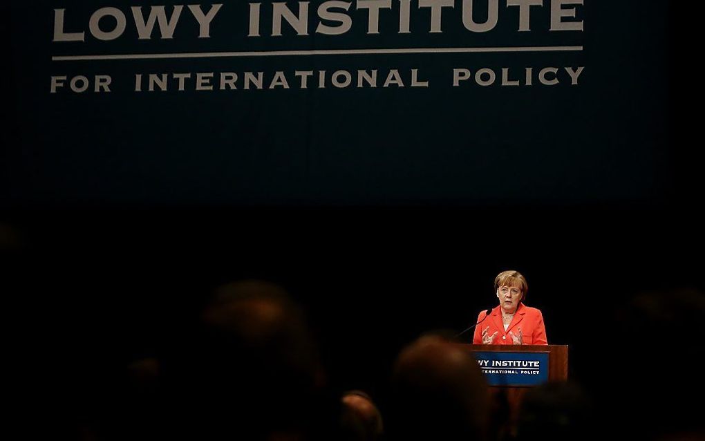 Merkel in het Lowy Instituut voor Internationale Politiek. Beeld AFP