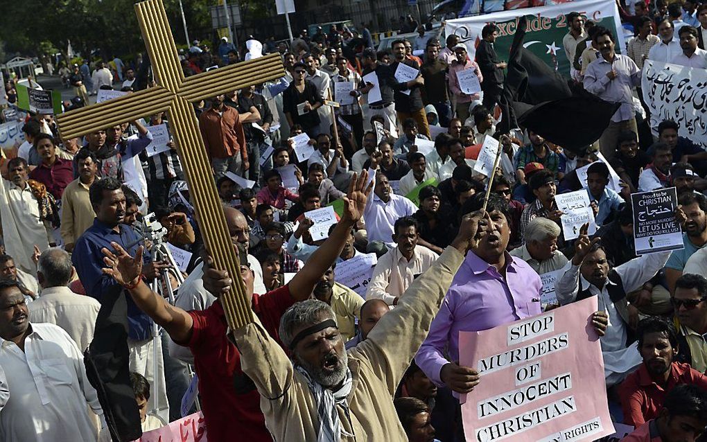 Demonstrerende christenen in Lahore. Beeld AFP