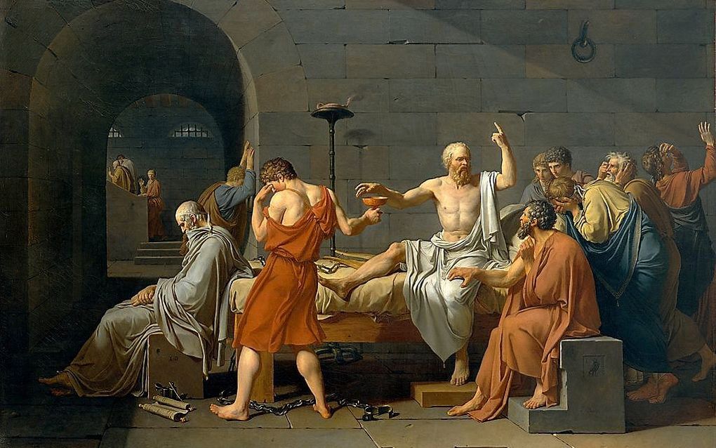 De dood van Socrates, door Jacques-Louis David (1787).  beeld Wikimedia