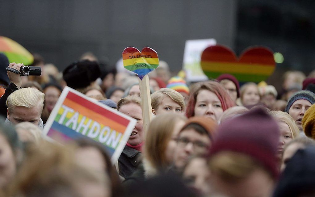 Voorstanders vierden vorige week bij het Finse parlementsgebouw de invoering van het genoemde homohuwelijk.  beeld AFP