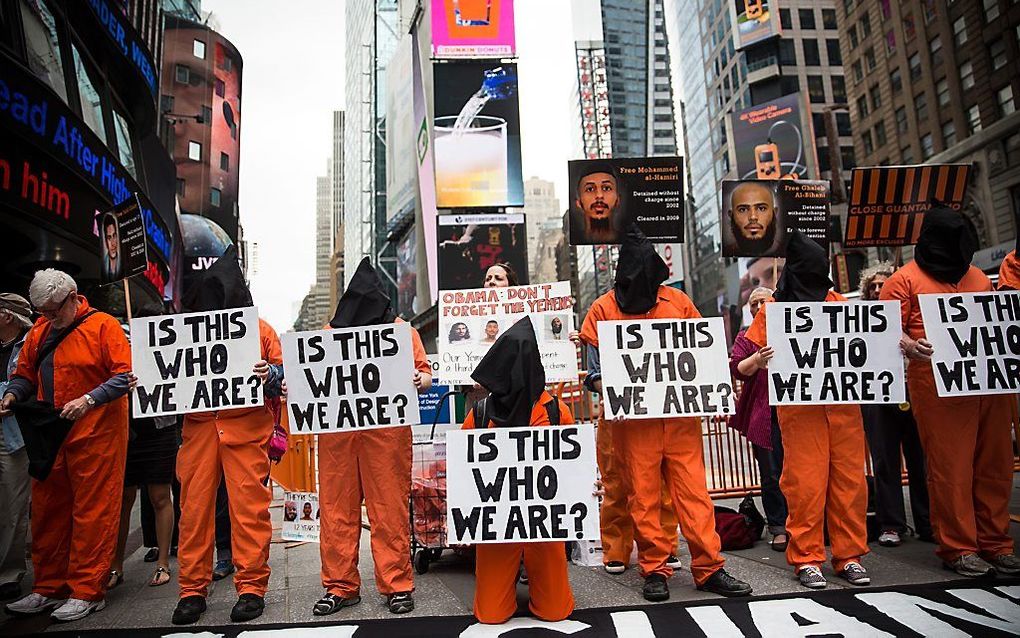 Protest tegen Guantanamo Bay in mei, New York. beeld AFP