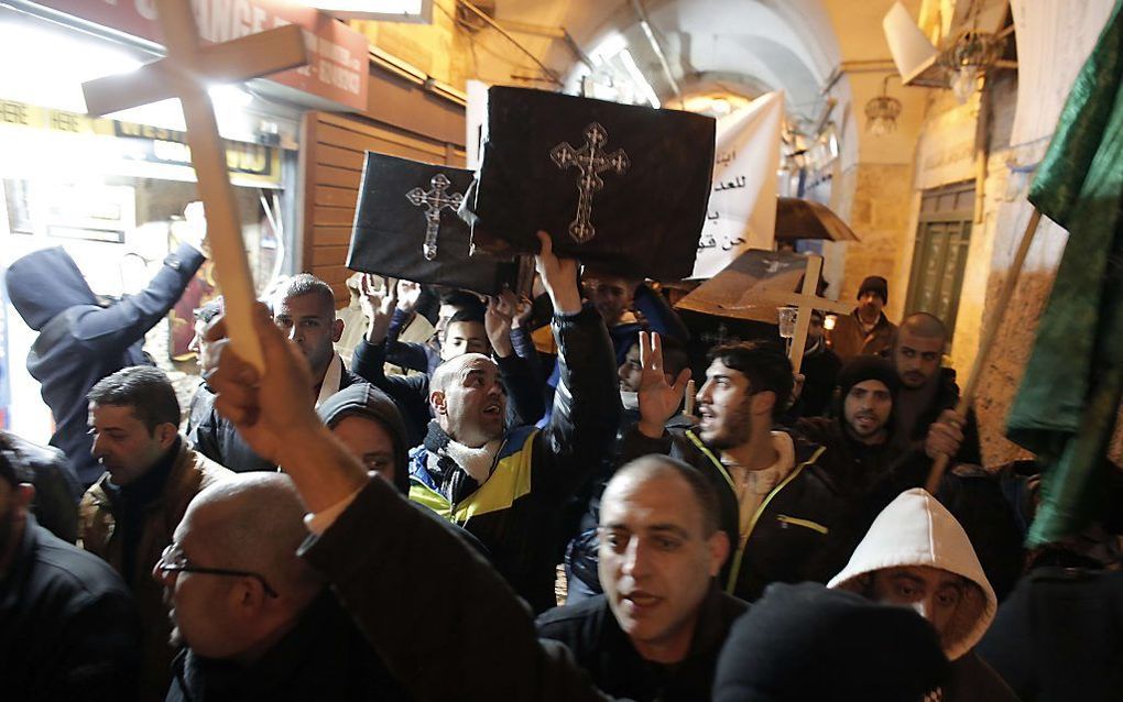 Symbolische begrafenis in Jeruzalem van de onthoofde Kopten. Beeld AFP