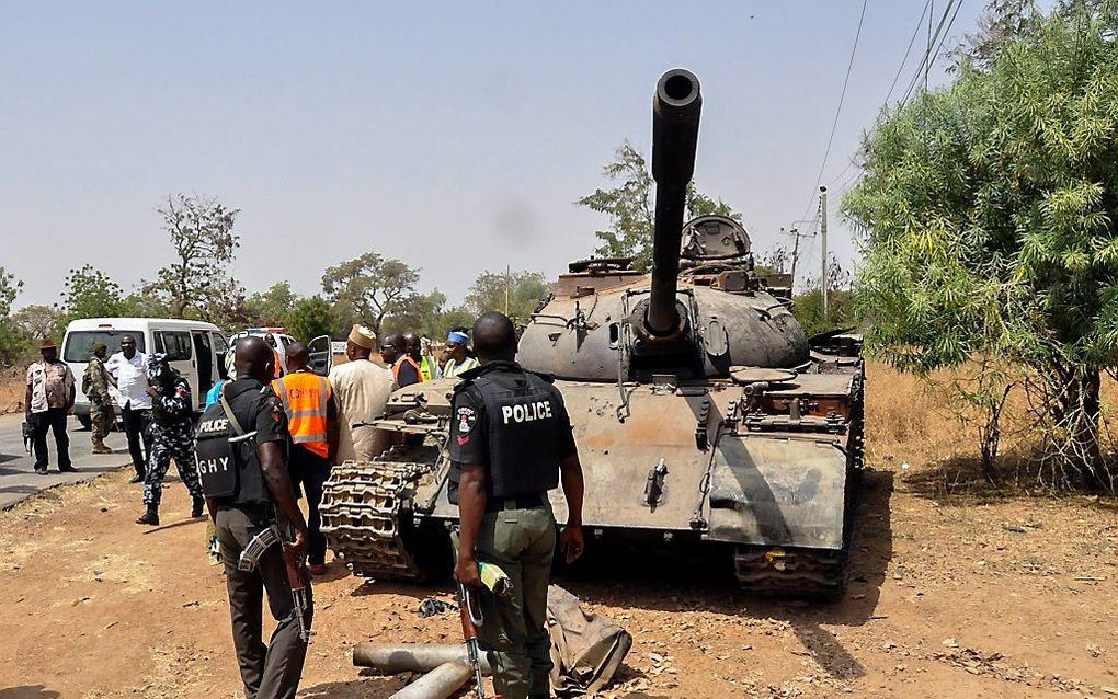 Een door Boko Haram gebruikte tank. Beeld EPA