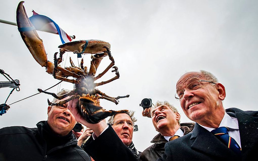 Gerrit Zalm, CEO ABN Amro, nam donderdag op de Oosterschelde de eerste kreeft van dit seizoen in ontvangst. Beeld ANP