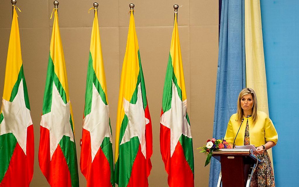 Koningin Maxima houdt woensdag een toespraak bij de lancering van de ‘Financial Inclusion Road Map’ in Birma. Beeld ANP