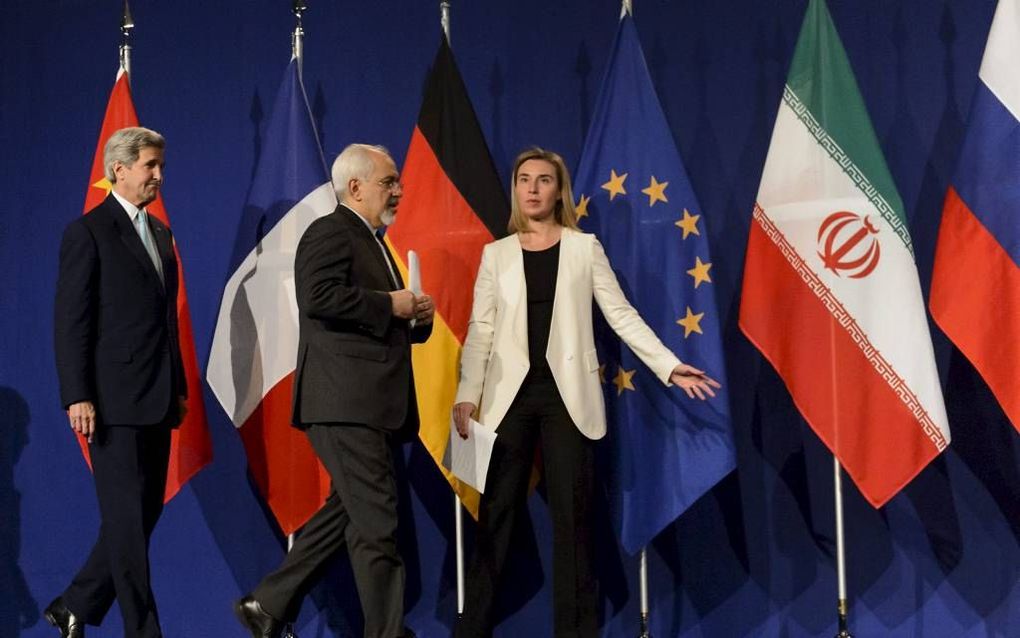 LAUSANNE. EU-buitenlandchef Mogherini en de Iraanse minister Zarif kondigden donderdag een akkoord over het Iraanse atoomprogramma aan. beeld EPA