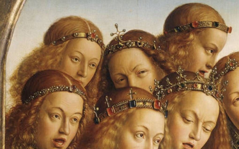 Zingende engelen. Detail van het schilderij ”De aanbidding van het Lam Gods” van Jan van Eyck uit 1432. Beeld Museum St.-Baafskathedraal, Gent