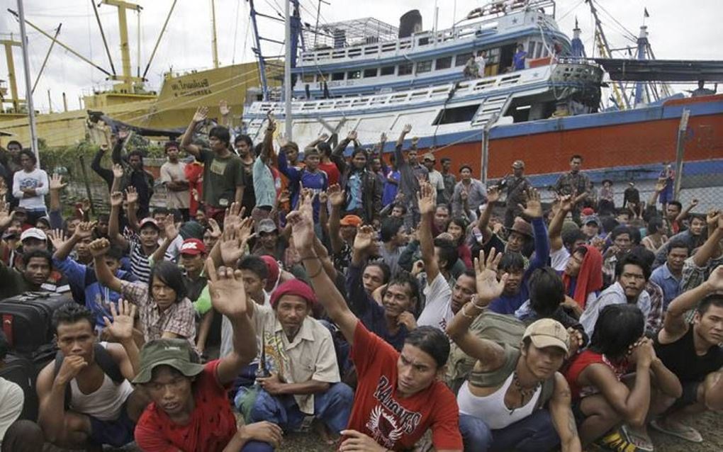 BENJINA. Duizenden vissers, vooral afkomstig uit Birma, zijn op de Indonesische Aru-eilanden achtergelaten door hun bazen. Foto: op de kade van de havenstad Benjina steken vissers hun hand op als gevraagd wordt wie er terug wil naar huis. beeld AP, Dita A